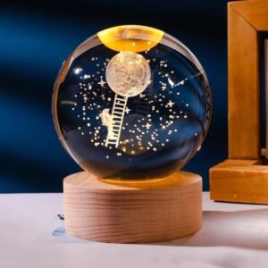 3D Galaxy Crystal Ball Night Lamp,Climbing Astronaut Moon Crystal Ball Night Light, USB Table Colorful LED Wooden Crystal Ball for Home Decoration Birthday Gift for Teens