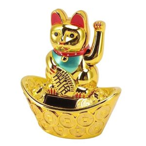 Solar Feng Shui Lucky Cat, Chinese Maneki Neko Waving Swinging Arm for Fortune Money and Good Luck