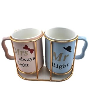 Couple Mug Set with Stand - Mr and Mrs Ceramic Coffee Mugs (2 Pack, 9.5 Oz, White) - Novelty Valentine Gift, Wedding