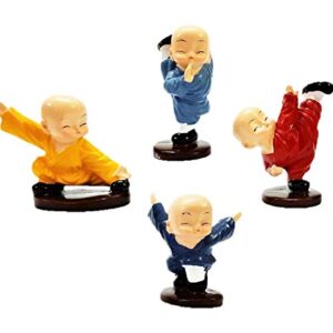 Set of 4 Kung Fu Monks Buddha Figurines Showpiece for Wall Shelf Table Desktop Living Room Home Office Decoration and Diwali Gift for family and friends (Multicolor)