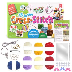 Cross Stitch 15 in 1 Craft Embroidery Kit Stitching Game Make Your Own Cross Stitch Bag | Keychain & Photo Frame DIY Skill Development Art and Craft Kit, Birthday Gifts Toys for Girls Age 8+
