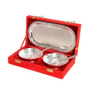 German Silver Bowl with Royal Velvet Box -5 Pieces Set Gift Item (2 Bowl 2 Spoon 1 Tray)